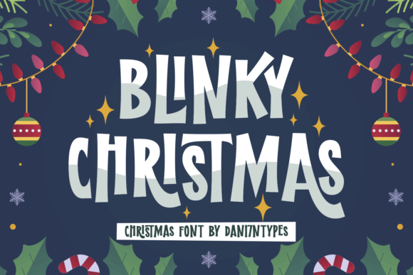 Blue-themed Blinky Christmas font preview with festive playful lettering and snowy accents, ideal for christmas fonts blue designs
