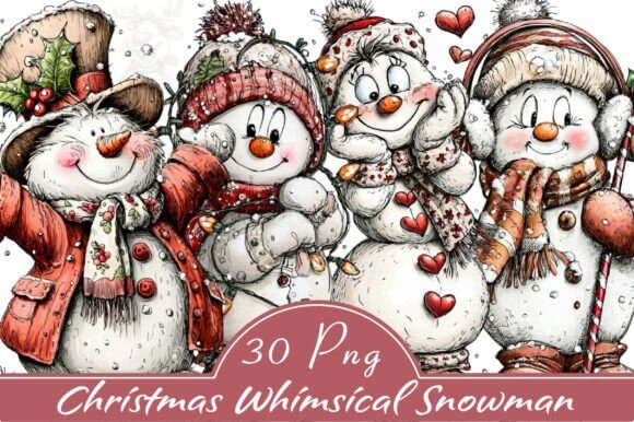Christmas whimsical snowman clipart PNG set with festive winter elements for designers