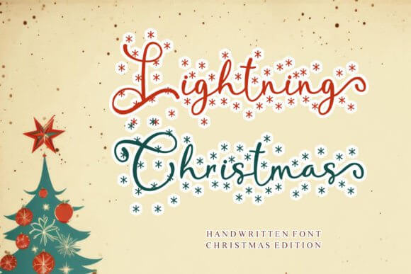 Lightning Christmas handwritten brush script font preview with bold strokes and festive accents for holiday design