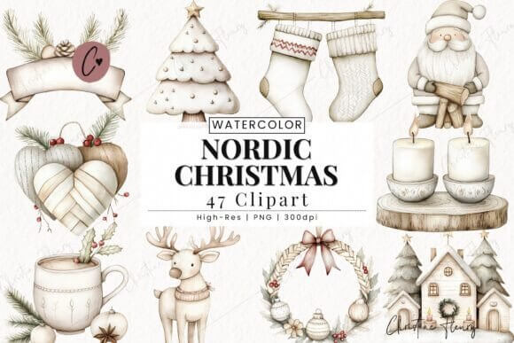 Nordic Christmas clipart with minimalist trees, stars, and ornaments in muted winter palette