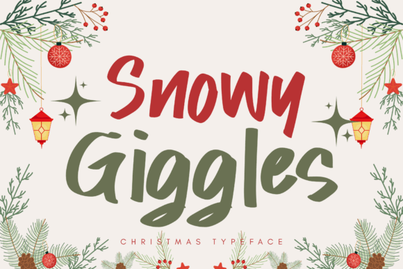 Snowy Giggles handwritten Christmas font displayed with playful lettering and festive holiday decoration elements