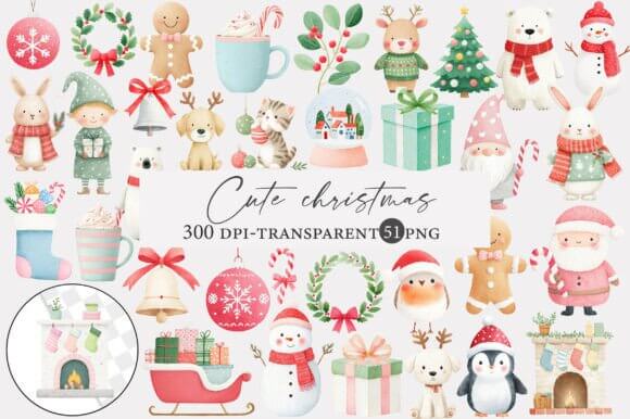 Watercolor Cute Christmas Clipart PNG Set With Cozy Holiday Elements