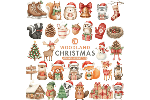 Christmas woodland animals clipart with forest-themed elements