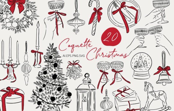Coquette Christmas clipart with bows, ribbons, hearts, and soft feminine tones