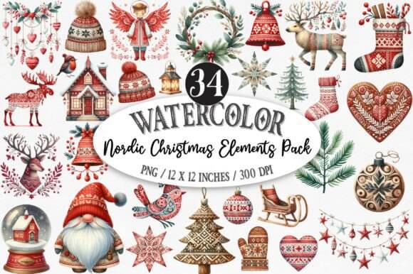 Nordic Christmas elements pack with Scandinavian motifs and patterns