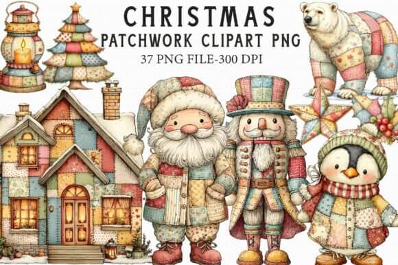 Patchwork Christmas clipart with quilt pieces, stitched textures, and cozy patterns