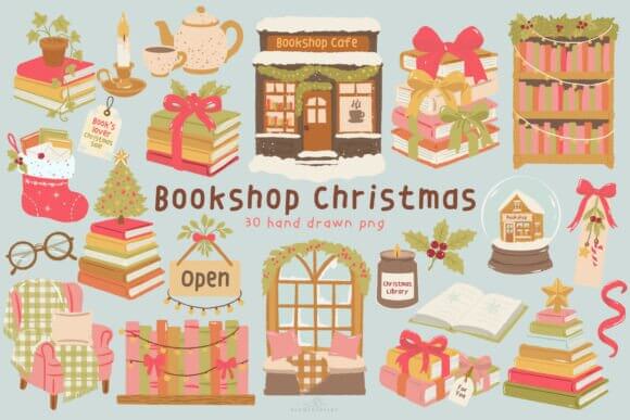 Bookshop Christmas clipart with books, mugs, and cozy reading scenes