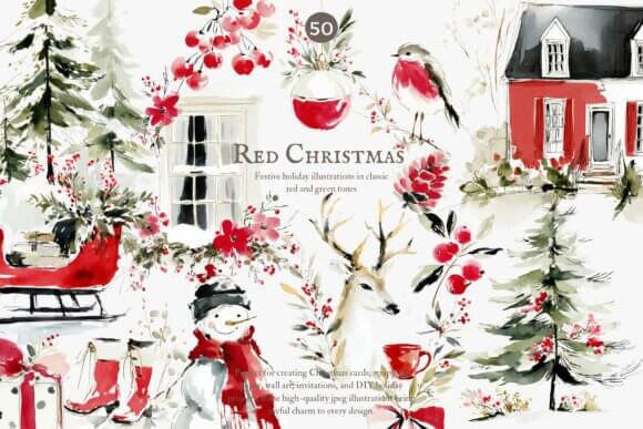 Festive red Christmas watercolor clipart with bold seasonal florals and accents