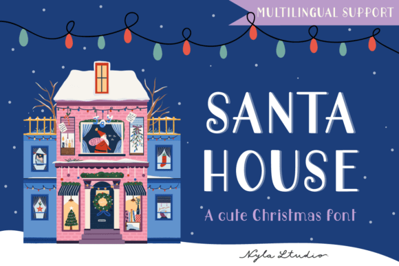 Santa House font in blue with vintage serif details and cozy winter mood for branding