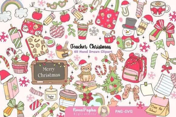 Teacher Christmas Clipart PNG With School-Themed Holiday Elements