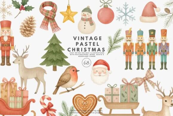 Vintage pastel Christmas clipart with soft retro ornaments and snowy scenes