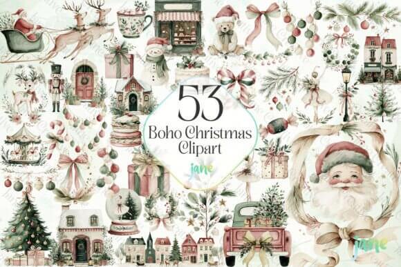 Boho Christmas clipart bundle with neutral modern motifs