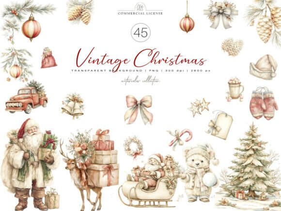 Vintage Christmas Clipart Set With Retro Ornaments And Classic Illustrations