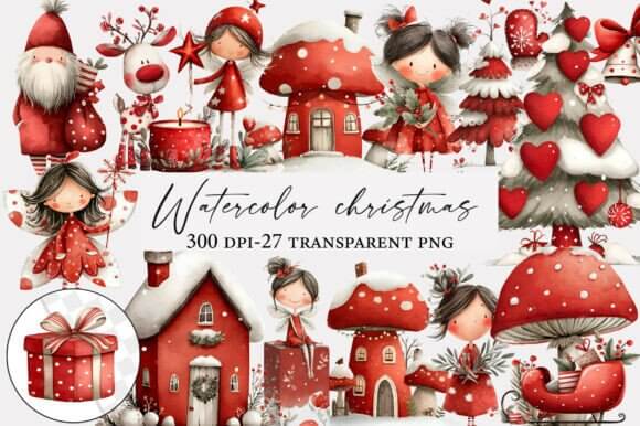 Watercolor Christmas clipart with hand-painted greenery, berries, and winter florals