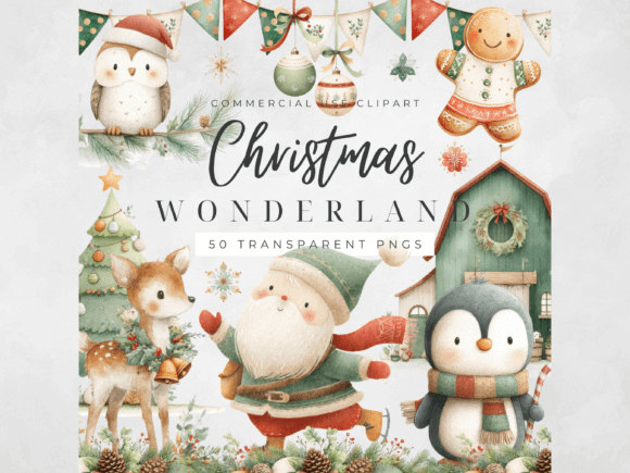 Watercolor holiday PNG clipart with classic festive elements