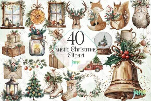 Rustic Christmas clipart with farmhouse elements, greenery, and wood textures