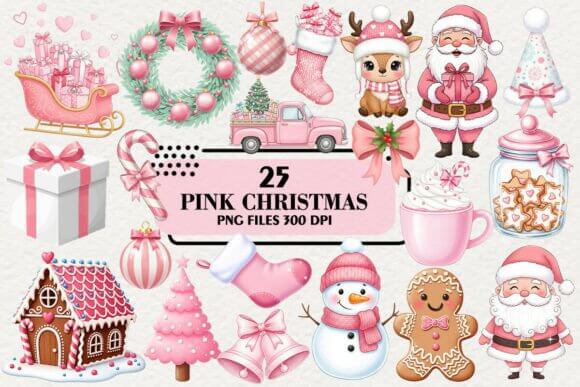 Cute pink Christmas clipart with kawaii characters, bows, and candy accents