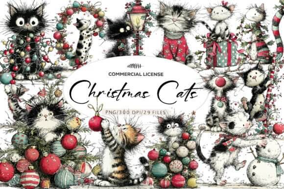 Whimsical Christmas cats clipart with playful festive kitties