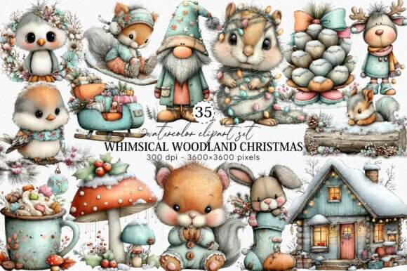Whimsical woodland Christmas clipart with rustic natural elements