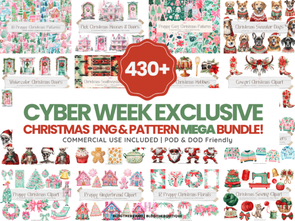 Large bundle of Christmas clipart and seamless patterns in assorted festive styles