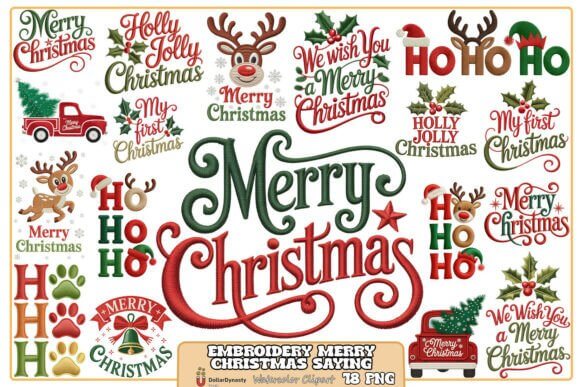 Embroidery Merry Christmas sayings bundle with stitched lettering