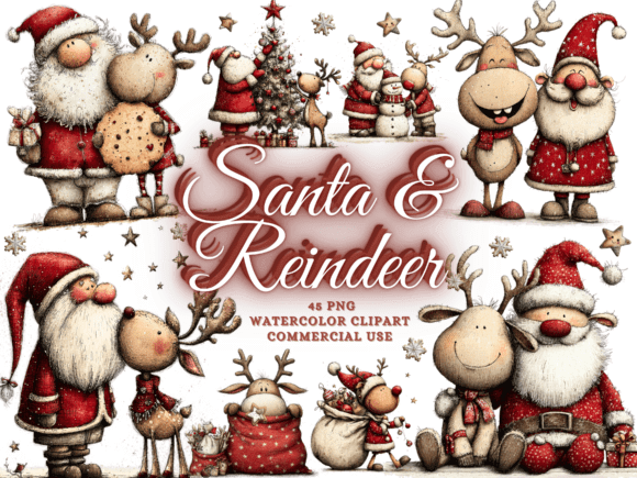 Quirky Santa and reindeer clipart characters for playful holiday designs