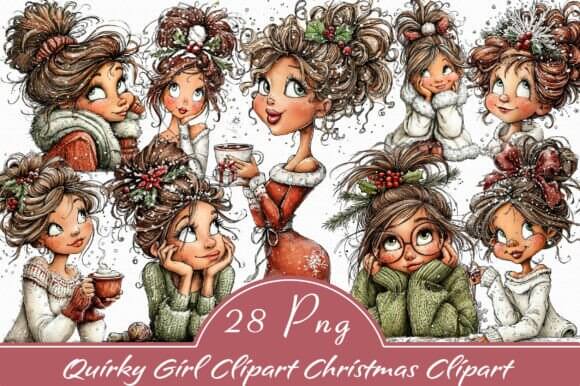 Quirky girl Christmas clipart characters with gifts, scarves, and festive outfits
