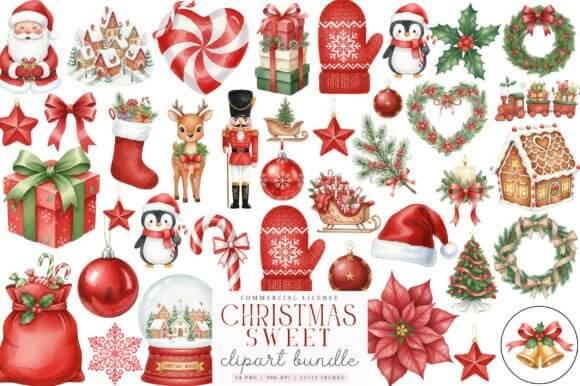 Sweet pastel Christmas clipart with candies, stockings, and soft festive icons