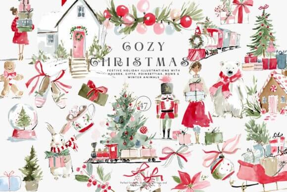 Cozy Christmas watercolor clipart set with mugs, sweets, and warm holiday decor