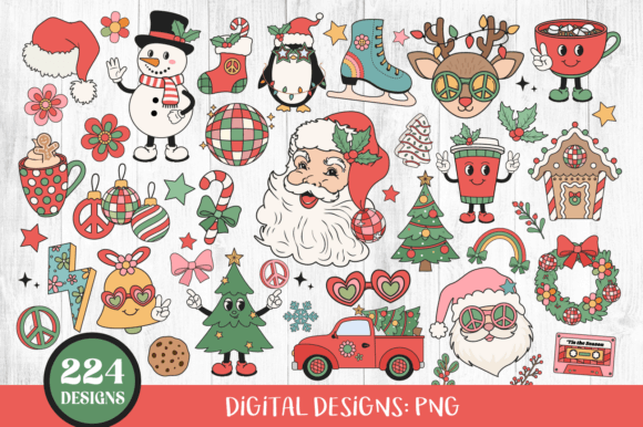 Retro Christmas clipart with 70s lettering, stars, and warm vintage tones