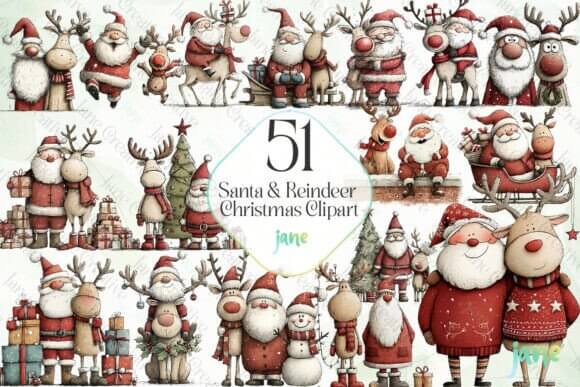 Santa And Reindeer Christmas Clipart PNG Duo For Holiday Scenes