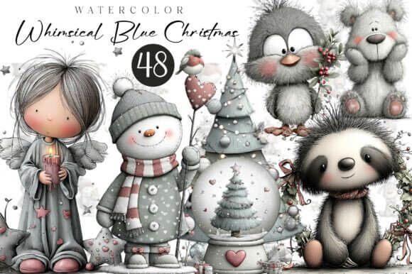 Icy blue Christmas clipart with frosted palette and snow accents