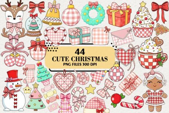 Cute coquette Christmas clipart with bows, pearls, and pastel motifs