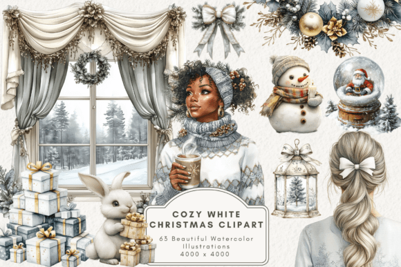 Neutral Christmas clipart in white and beige with delicate winter decor