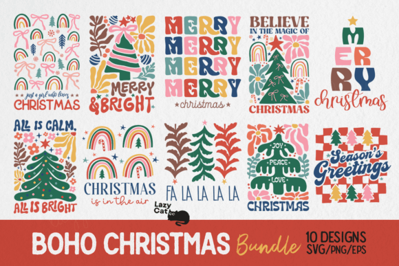 Boho Christmas SVG PNG bundle in tan and sage minimalist motifs