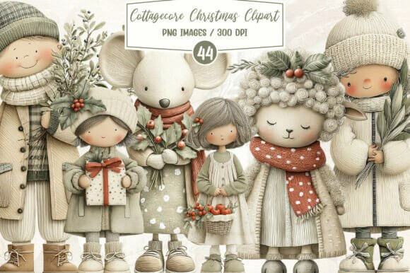 Cottagecore Christmas clipart with mushrooms, leaves, and woodland winter elements