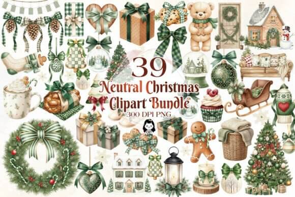 Neutral Rustic Christmas Clipart Bundle With Earthy Winter Motifs