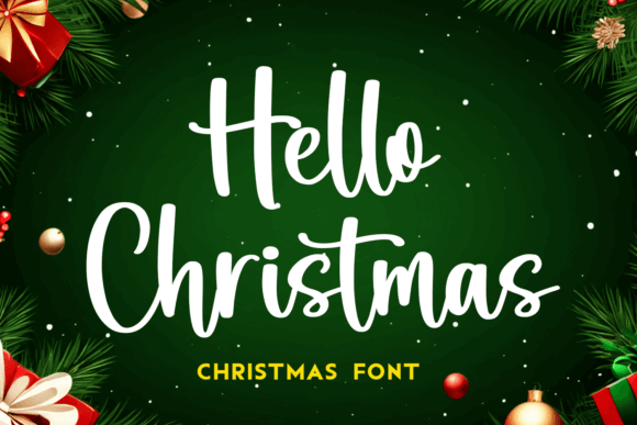 Hello Christmas font preview with festive hand-lettered script and holiday ornaments, cozy christmas fonts for cards and branding