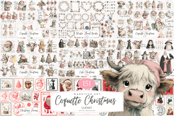 Coquette Christmas clipart huge bundle with bows, ribbons, ornaments