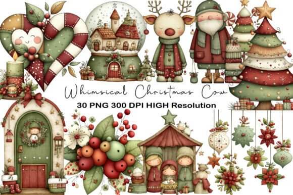 Whimsical Christmas clipart set with characters, trees, and festive icons