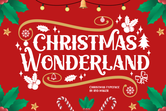 Christmas Wonderland font sample with playful script and snow accents, cheerful christmas fonts for invitations and packaging