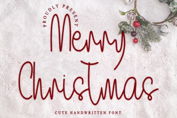Modern Merry Christmas script font on card mockup with festive accents