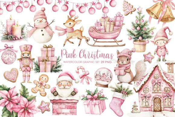Pink Christmas watercolor clipart with bows, ornaments, and pastel decor