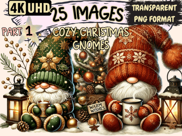 Cozy Christmas gnomes clipart with beanies, mugs, and festive props