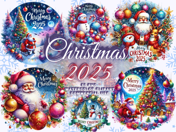 Watercolor Merry Christmas PNG bundle with hand-painted elements and lettering