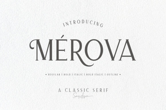 Merova modern serif font preview for presentation fonts, luxury headings, and elegant decks