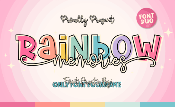 Rainbow Memories retro display font preview with multicolor outline letters