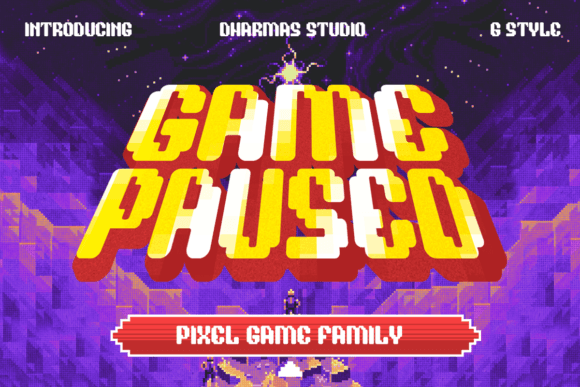 Game Paused font preview with arcade game inspired retro pixel style