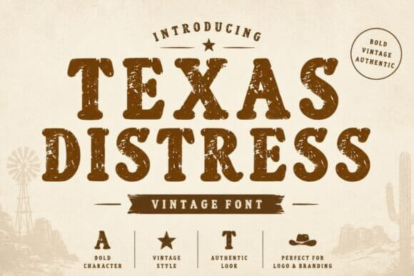 Texas Distress font preview with western distressed vintage display letters