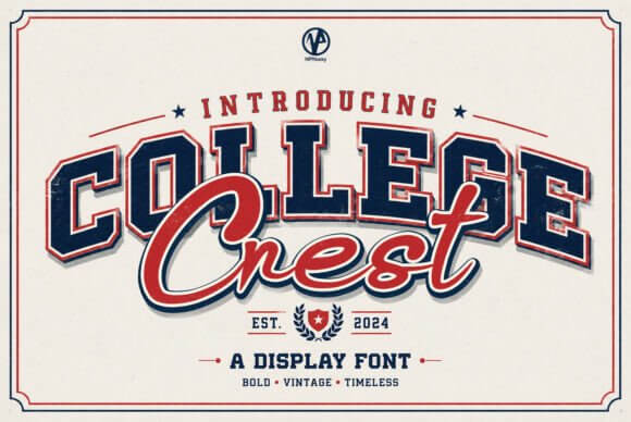 College Crest font preview with classic collegiate badge serif lettering